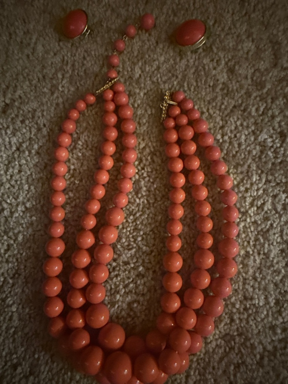 Coral Bead Multi-Strand Necklace and Clip Earrings Set